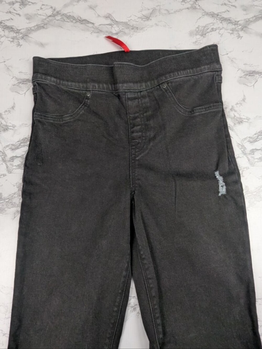 SPANX Distressed Denim Leggings High Rise Black Skinny Jeans Raw Hem Size M - Picture 4 of 13